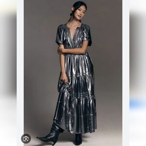 NWT Anthropologie Somerset Metallic Gray Tiered Maxi Dress Size S